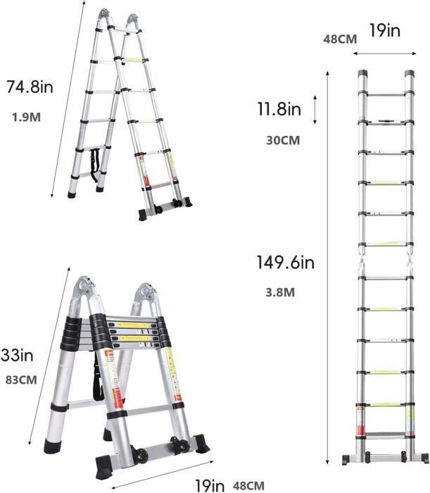 Escalera plegable telescópica multifuncional de aluminio de 3,8 m (1,9 m + 1,9 m), carga máxima de 150 kg.