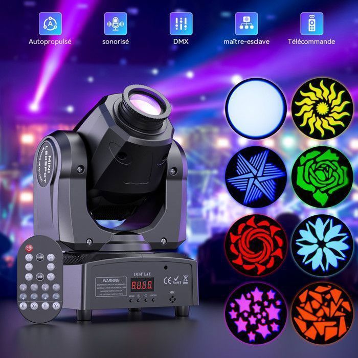JAJALUYA 150W Jeux de Lumiere - Lyre LED RGBW DMX Gobo Beam - Lumière de Scène Avec Télécommande Pour DJ Party Disco Pack DE 2