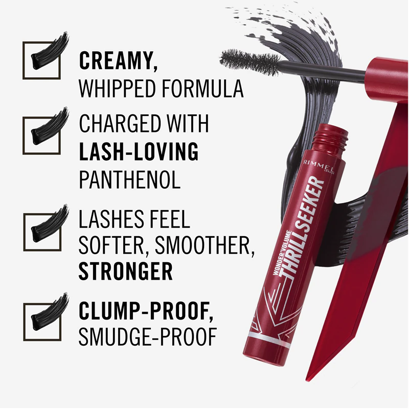 Máscara Rimmel WonderVolume Thrill Seeker que curva e dá volume aos cílios.
