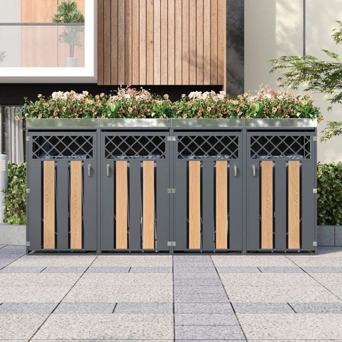 Cache-poubelle - LANGTU - 4 bacs avec jardinière - Acier galvanisé - Portes aspect bois - Ventilé & verrouillable