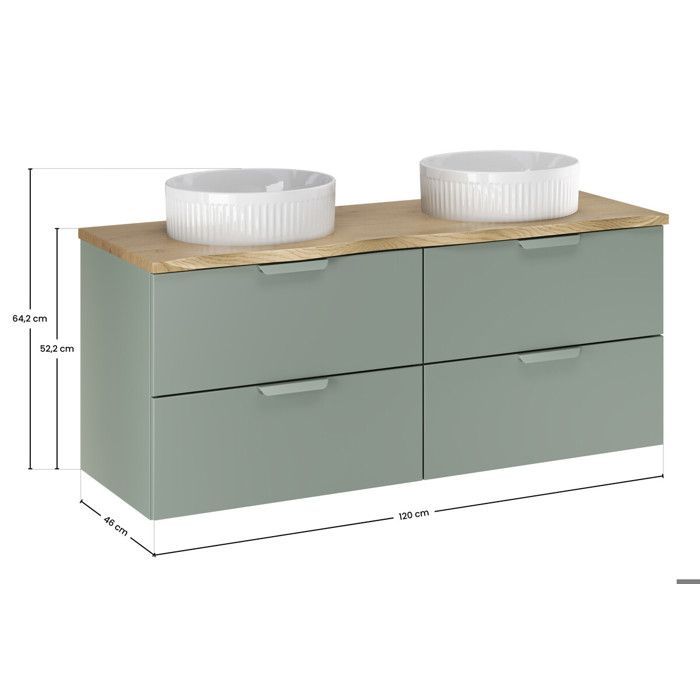 Beyond 120 cm ASTER grüner Waschtisch und zwei Waschbecken mit Eichenarbeitsplatte