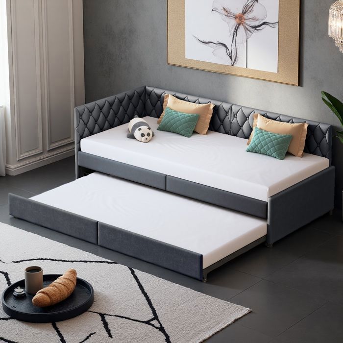 Canapé-Lit Clic-Clac 90x200 cm - Déplié 180x200 cm - Velours Gris - Structure Métal & Lattes Bois - Motif Losange Capitonné