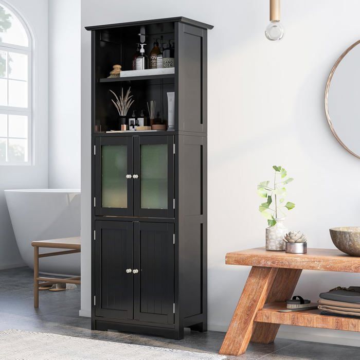 COSTWAY Colonne Salle de Bain avec 4 Portes 2 Compartiments Ouverts, Armoire Salle de Bain, Étagères Réglables, 60x30x163 cm, Noir