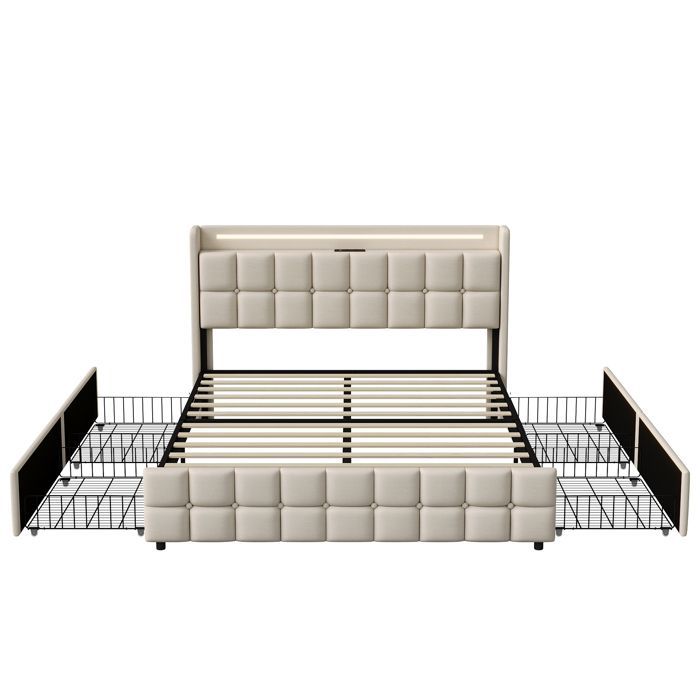 Lit 140x200 cm avec tiroirs, lit double avec rangement, LED et recharge USB, lit adulte, cadre de lit avec sommier à lattes, beige