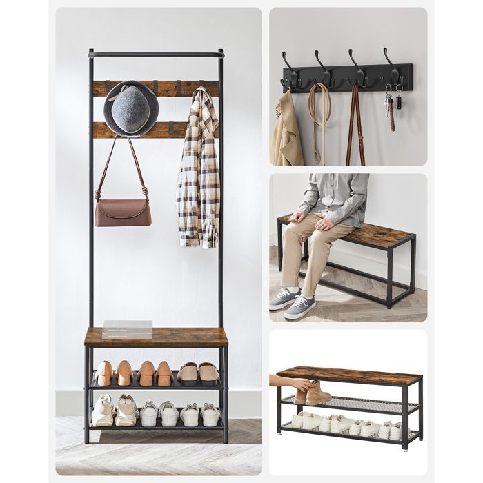 VASAGLE Meuble d’EntrÉe, avec Banc et ÉtagÈre À Chaussures, 9 Crochets Amovibles, Tringle, 32,2 x 64 x 180 cm, Marron et Noir