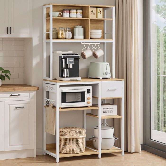 Kitchen trolley - VASAGLE - Kitchen shelf with power strip - 40 x 80 x 180.4 cm, Gold Oak and Cloud White