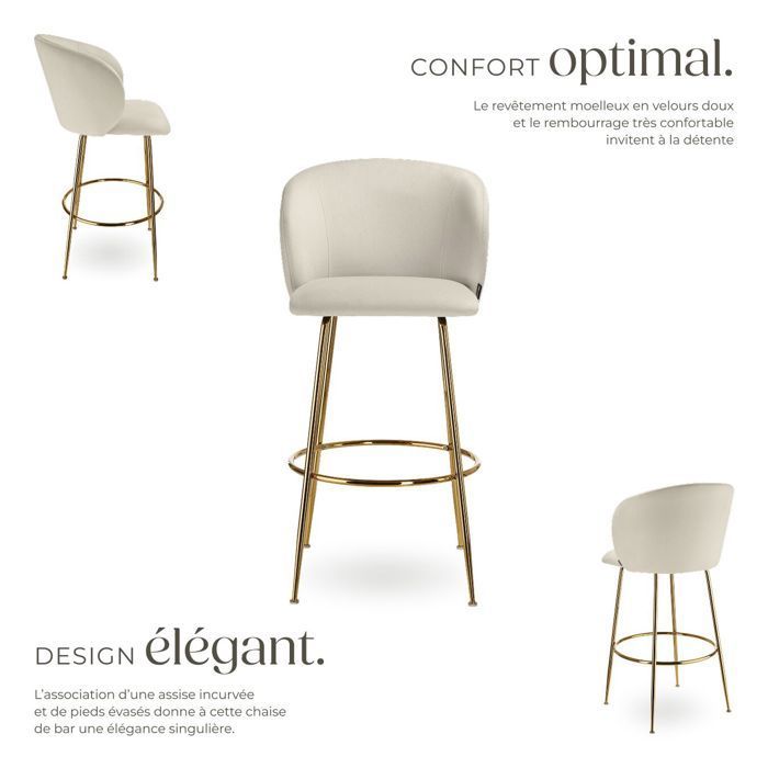 Bar stool - TECTAKE - Set of 2 LUANA velvet-look stools and footrest 51 x 60 x 106 cm - Cream/Gold