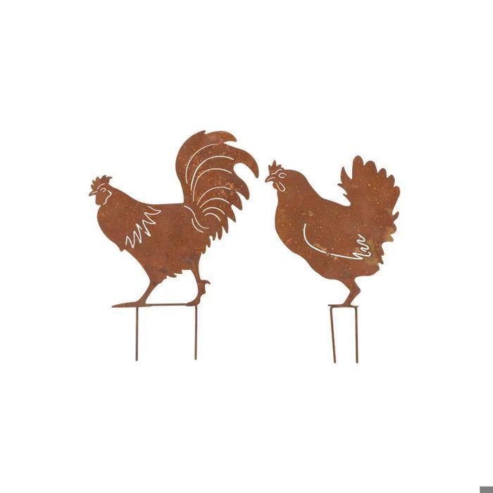 Metal garden decorations: hen + rooster (set of 2)