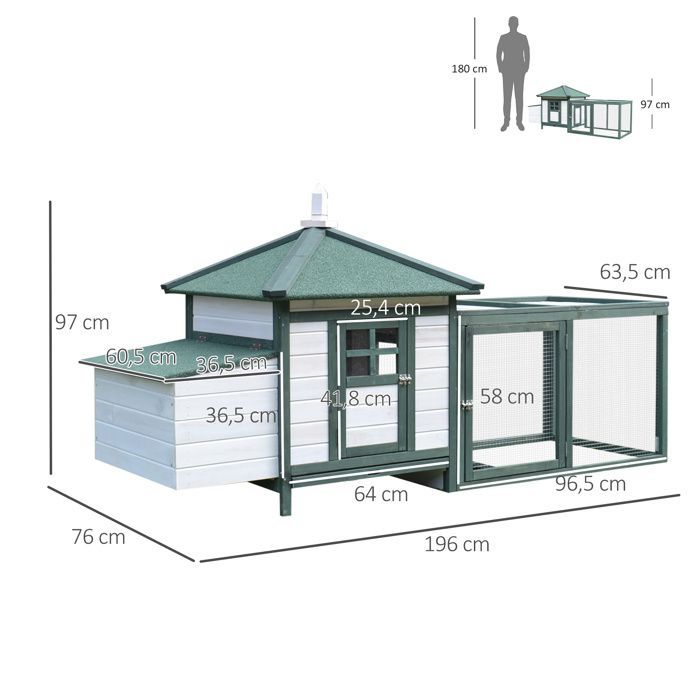 Poulailler - PawHut - cottage perchoir rampe pondoir enclos tiroir déjection - bois pin - 196x76x97cm - vert blanc