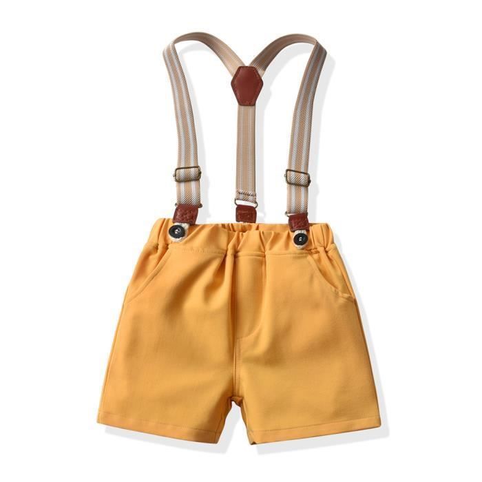 Conjunto de ropa para bebé niño para boda/bautizo: camisa con pajarita y pantalones cortos con tirantes - Amarillo