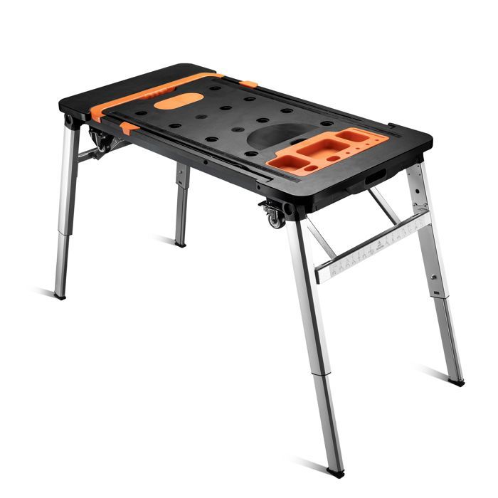 Wiltec Établi d'atelier 108,5x55x52cm Noir et Orange 7 fonctions en 1 Multiusages Banc de travail Siège mécanicien Chariot Tréteau É