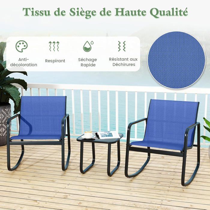 COSTWAY Ensemble 3PCS Table et Chaises de Jardin, Table en Verre Trempé, Chaises à Bascule 2 Places, pour Balcon Patio Piscine,Bleu