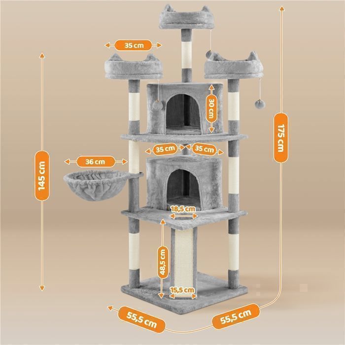 Árbol rascador para gatos YAHEETECH de 175 cm en madera de terciopelo gris con postes rascadores de sisal y 3 perchas.
