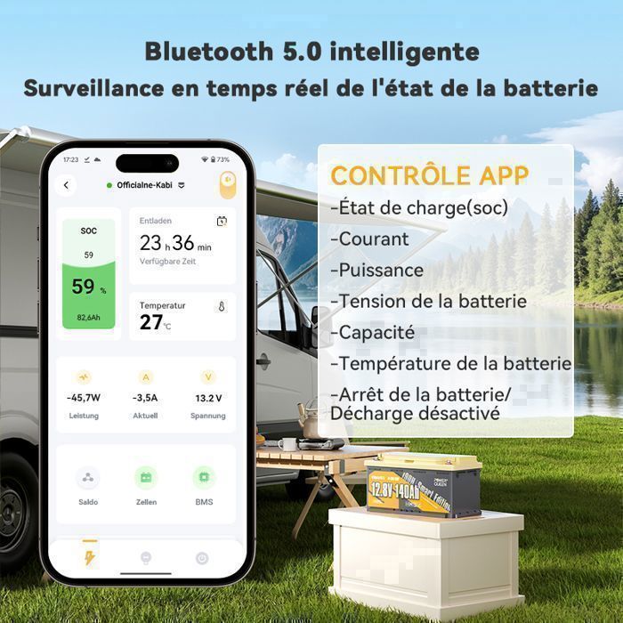 12V 140Ah LiFePO4 lithiumbatterij, onder de stoel, 189 mm hoog, met Bluetooth 5.0 + 12V 20A lader voor campers en caravans.