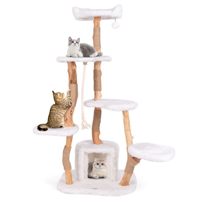 COSTWAY Arbre à Chat Multi-niveaux en Bois 168 CM, Perchoirs, Condo, Griffoirs en Jute, Corde en Sisal, Peluche, Balle Suspendue