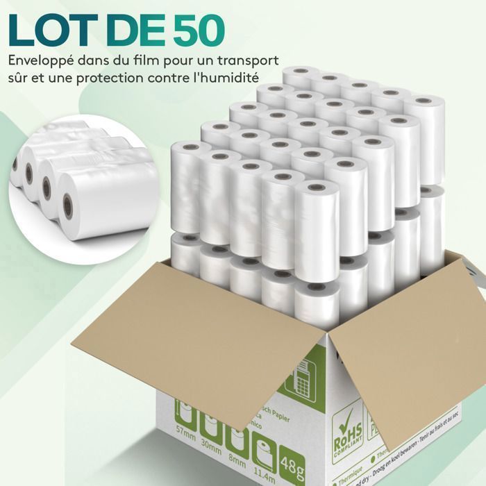 ACROPAQ 50 Rouleaux de Caisse 57x30x8mm- Thermique 11,4 m-Terminaux de paiement- 50 Bobines TPE- Sans BPA- Dimensions Universelles