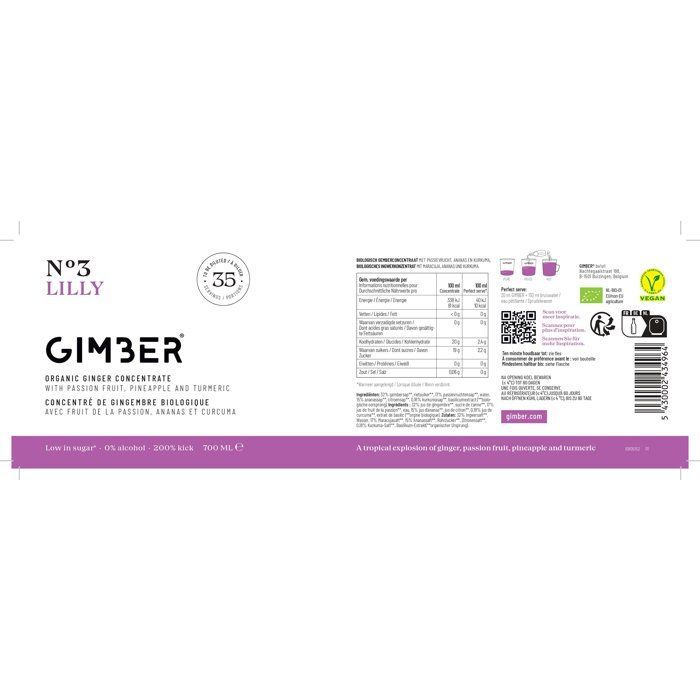 Gimber - N°3 - Lilly - Concentrado de jengibre orgánico con maracuyá, piña y cúrcuma - 700 ml