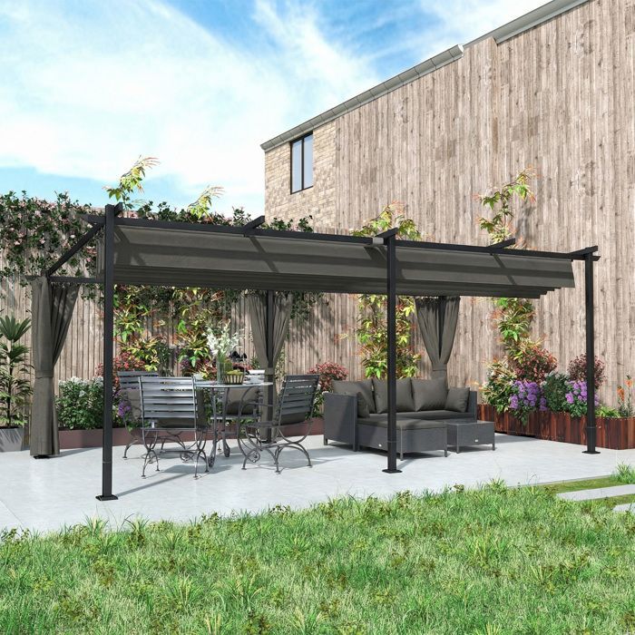Tonnelle de jardin rétractable - Outsunny - toit coulissant - rideaux latéraux - métal - 3x6m - gris foncé