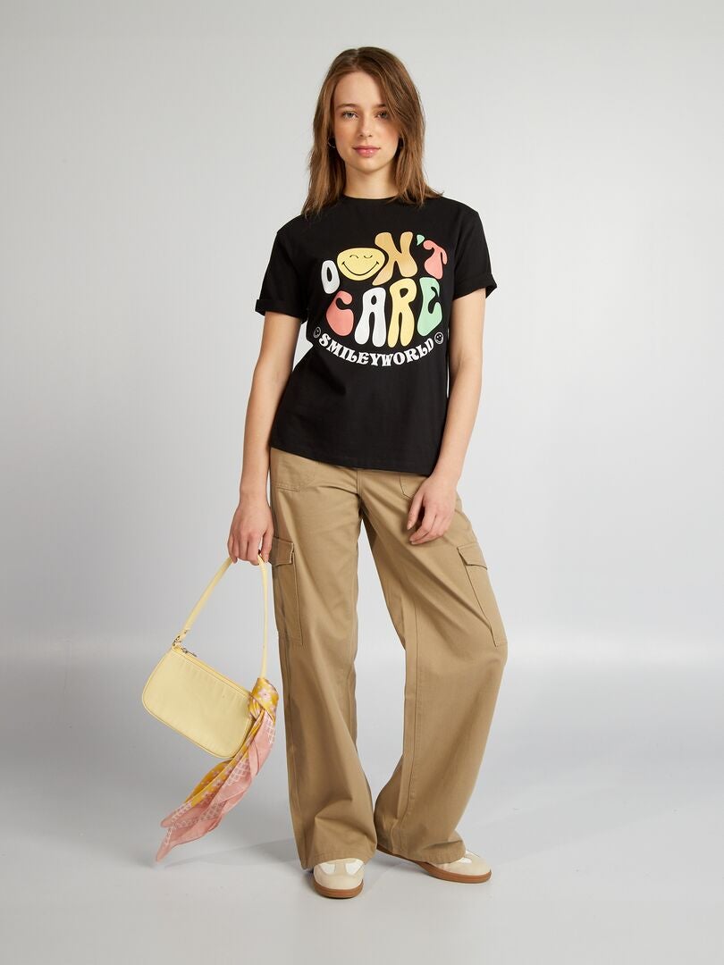 Oversized T-shirt met ronde hals en smileyprint - Zwart