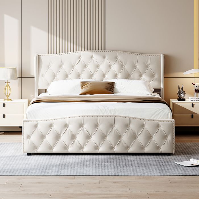 Lit coffre Lit rembourré avec levier hydraulique rangement Lit adulte 140x200 cm Structure de Lit 140 x 200 cm Lattes en Bois, Beige