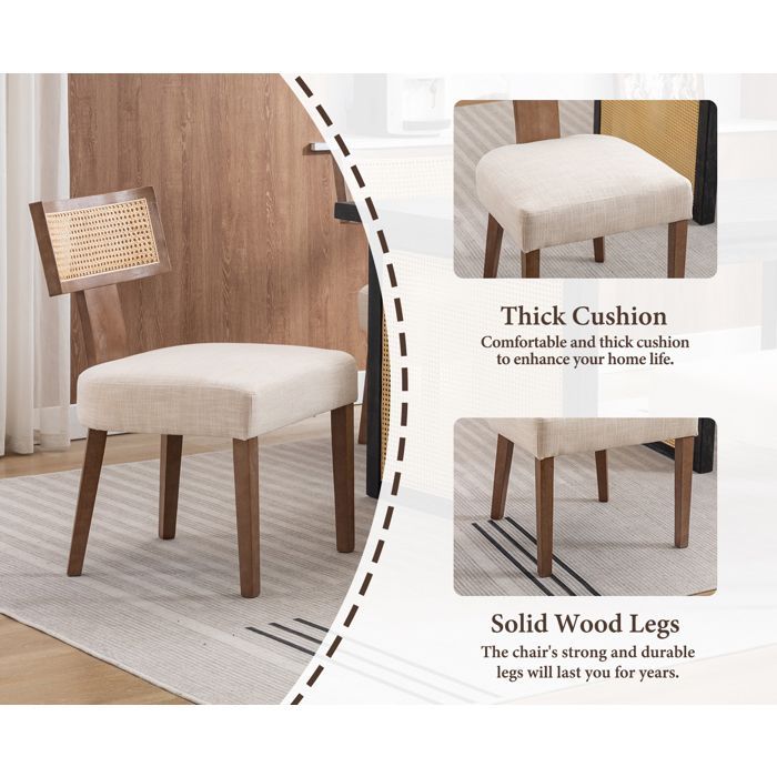 Wahson Set of 2 Wooden and Linen Dining Chairs, Medieval Style, Dining Chairs with Thick Cushions, Natural Wood