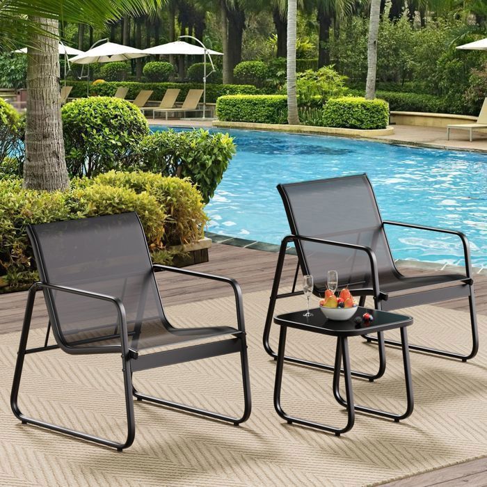 Bealife Garden Furniture Set - Teslin Breathable Metal Armchair - Tempered Glass Coffee Table - Outdoor Garden Furniture - 2 Seater