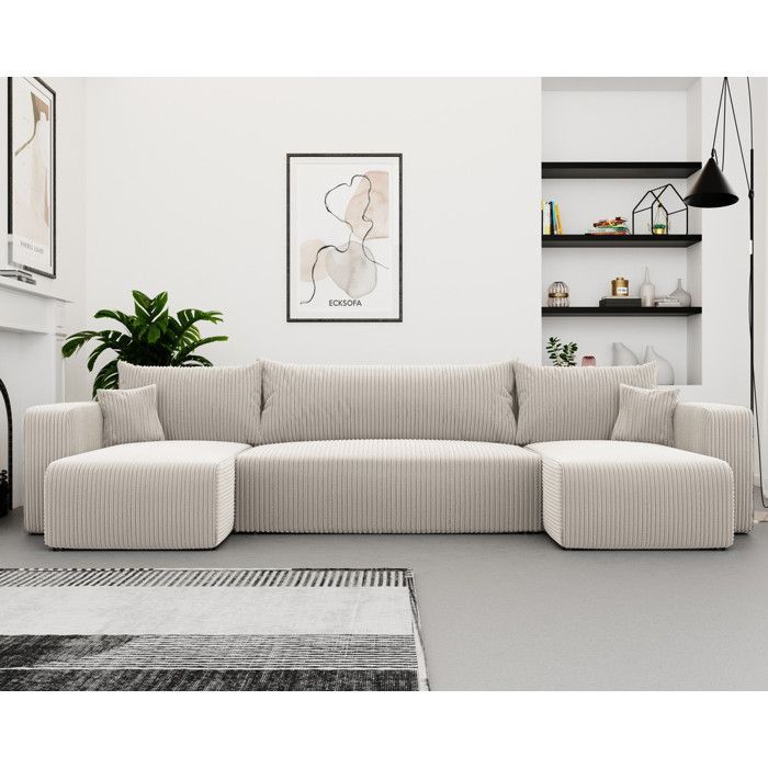 PIANO U Panoramische hoekbank - 7 zitplaatsen - Convertibele bank met opbergruimte - Corduroy stof - Crème