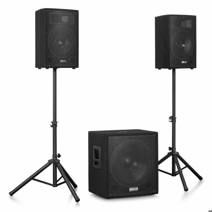 Vonyx VX1218BT Complete 2.1 PA System 1200W with 18 Inch Subwoofer and 12 Inch Speakers, Bluetooth 5.3, USB, SD, Stands and