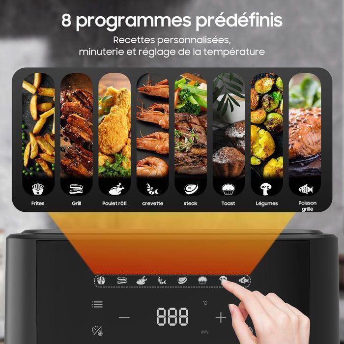 Friteuse sans Huile 1700W avec 8 Programmes-6.5L-625A, Ecran tactile, Recettes, Minuterie, Noire