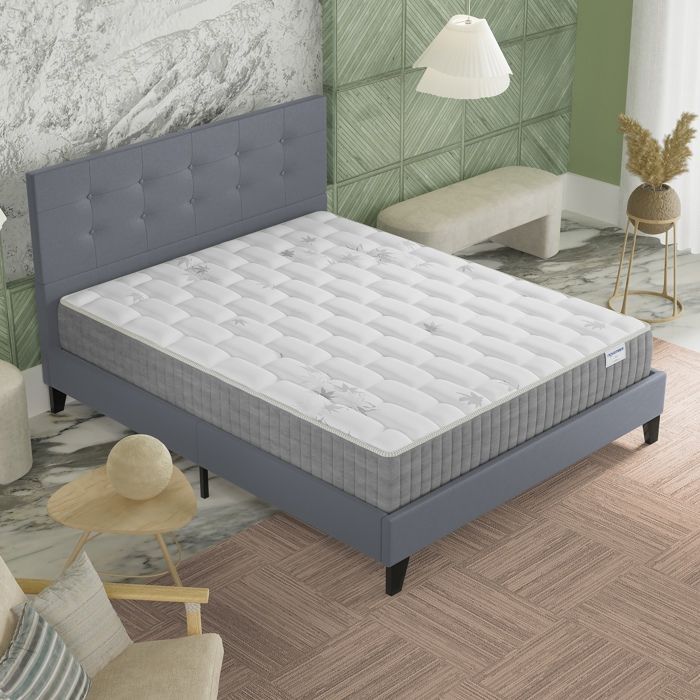 Colchón y cama (140x190cm) - Galice 25cm Muelles ensacados y espuma viscoelástica + Base de láminas y cabecero tapizados en gris