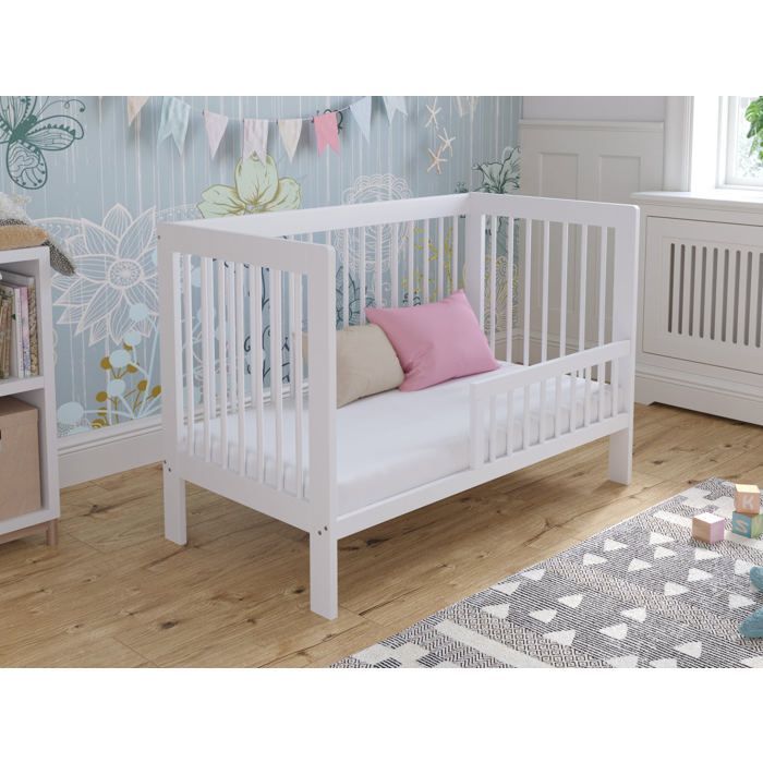 Lit Bebe Evolutif en Bois Blanc 120x60cm, Transformable en Un Canapé-lit avec Une Barrière de Sécurité