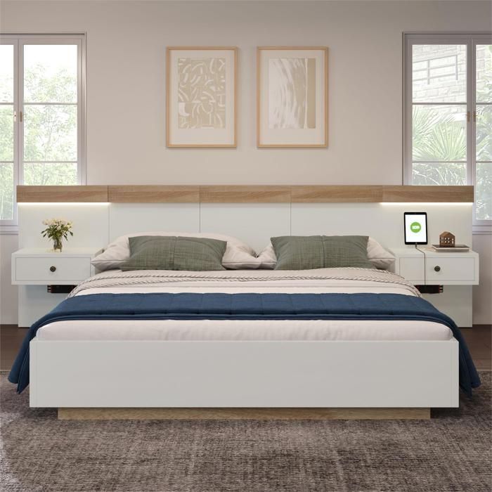 Lit Double 160x200cm Bois Chêne Sonoma&Blanc - 2 Tables De Chevet LED USB-C - Chambre Complète 205x264x90,5 Cm(sans Matelas)