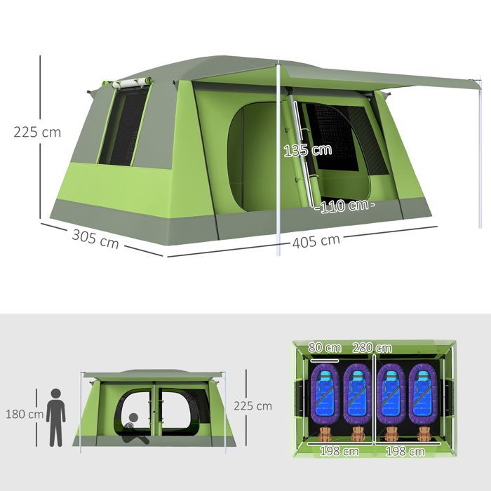 Tienda de campaña Outsunny para 4 a 8 personas - ligera y portátil - fácil de montar - incluye porche, bolsa de transporte y gancho - verde