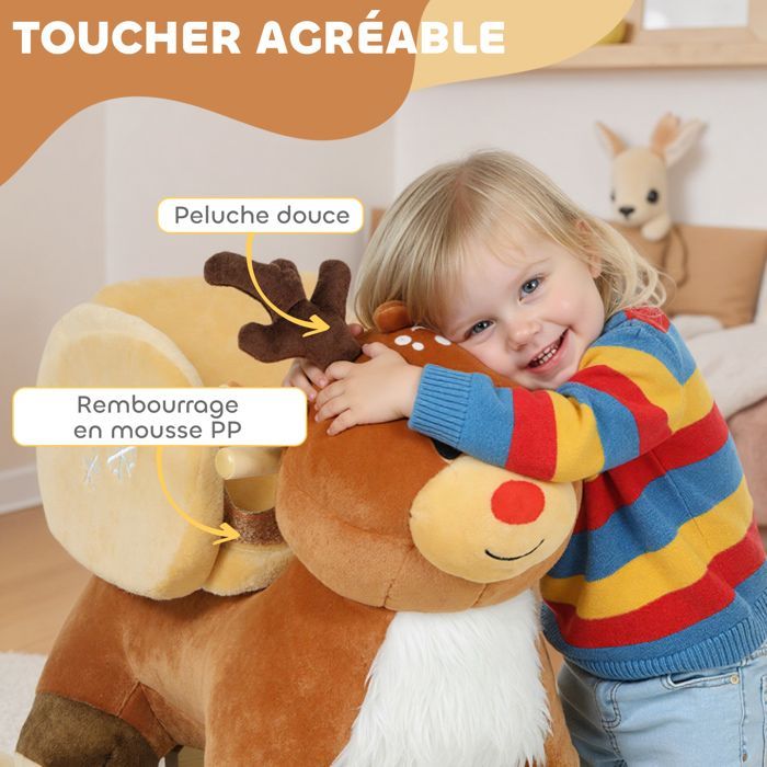 Children's rocking horse, baby rocking reindeer toy with lullabies, safety belt, 65 x 35 x 59 cm, brown