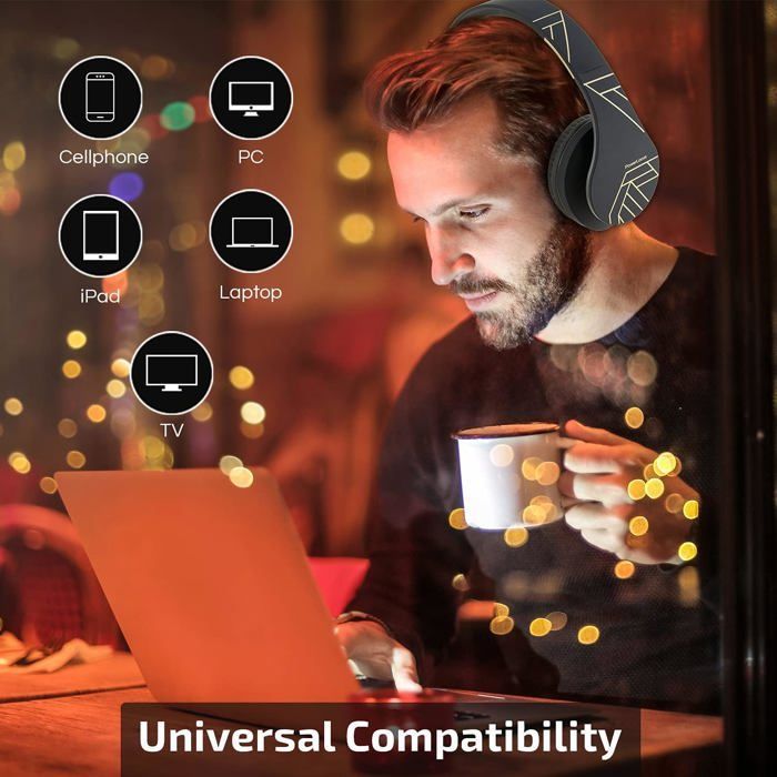 Auriculares Bluetooth supraaurales, estéreo HD, modo Micro SD/TF, radio FM, plegables, con estuche de transporte, se conectan a 2 dispositivos (iPhone/PC).
