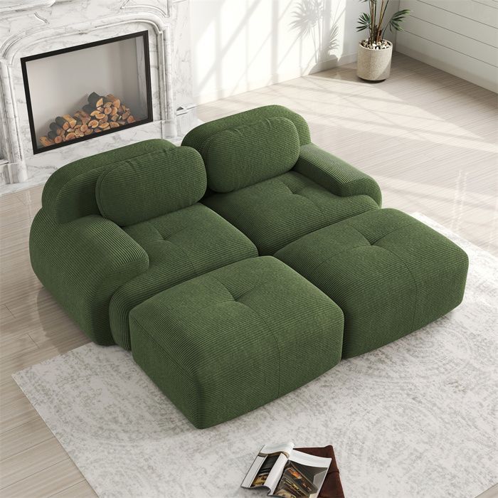 DRIPEX Modulares Cordsofa – 2-Sitzer – mit 2 Kissen und 2 Hockern – rutschfeste Unterseite – 208 x 178 x 70 cm – Grün