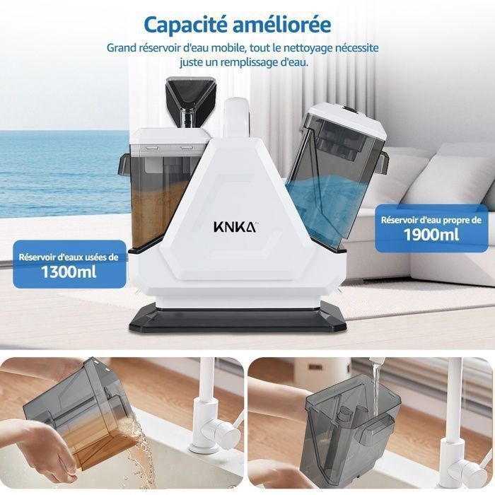 Shampouineuse Nettoyeur Canapé Tissu 6 en 1 550W - Aspirateur Nettoyeur à eau 16KPa - Réservoir 1,3L/1,9L - Tuyau 2m / Cordon 5m
