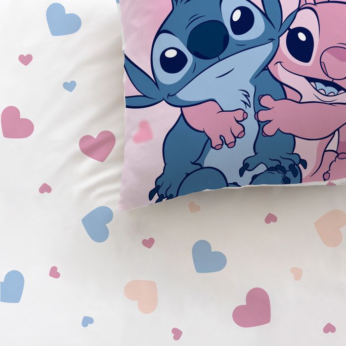 Jogo de roupa de cama de casal estampada, 100% algodão - DISNEY STITCH KISSES - Rosa - 240x200cm + 2 fronhas 63x63cm