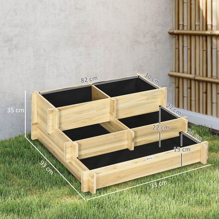 Huerto escalonado de 3 niveles Outsunny - Madera maciza - 93 x 93 x 35 cm - Efecto madera natural