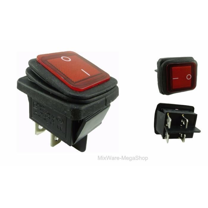Interruptor basculante impermeable - MARCA - Modelo - 4 pines - 250V - 16A - Rojo iluminado