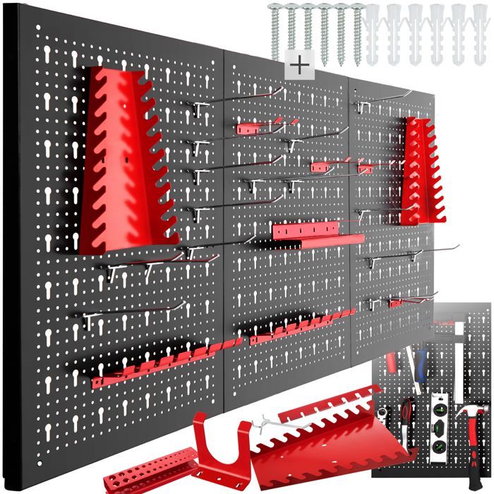 Almacenamiento de herramientas - TECTAKE - Juego de 3 paneles de acero perforado JONAH para un práctico almacenamiento de herramientas con ganchos incluidos.