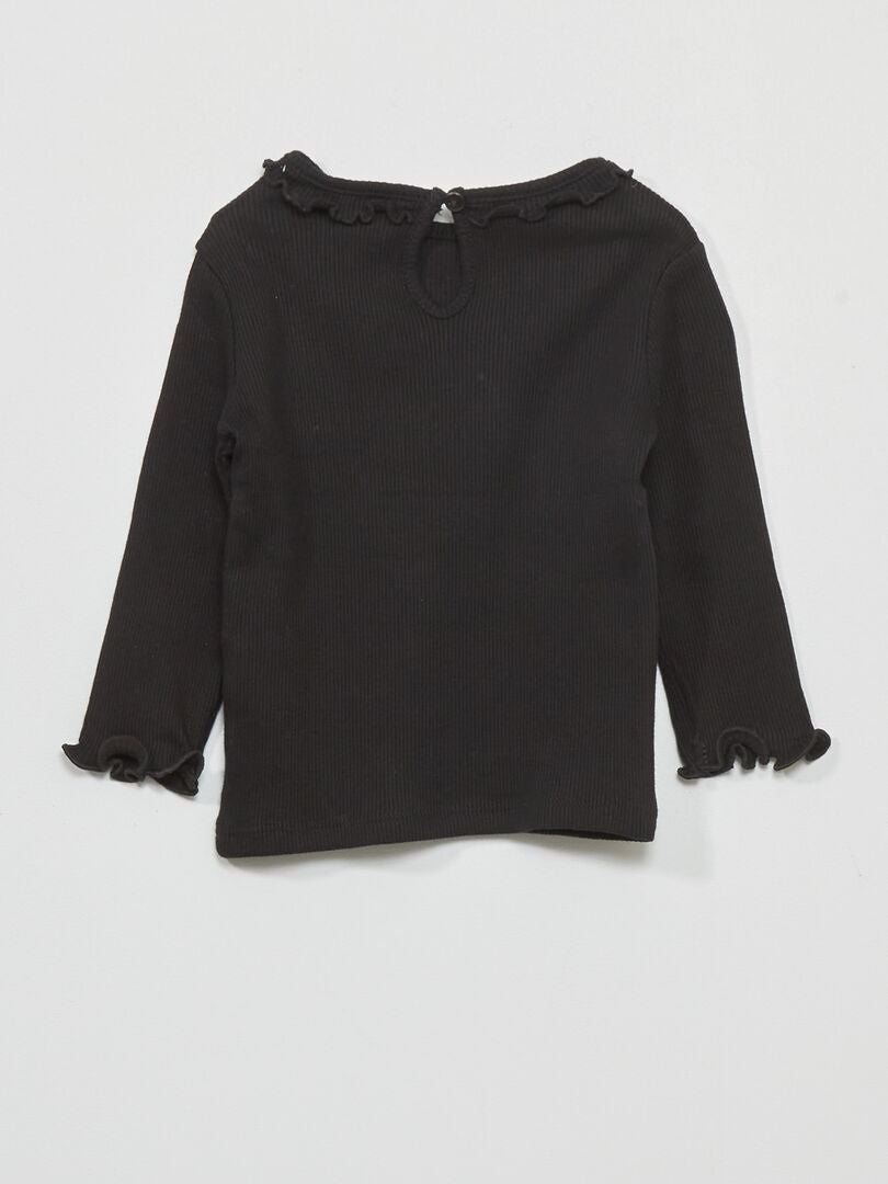 Camiseta de punto acanalado con cuello de volantes - Negra