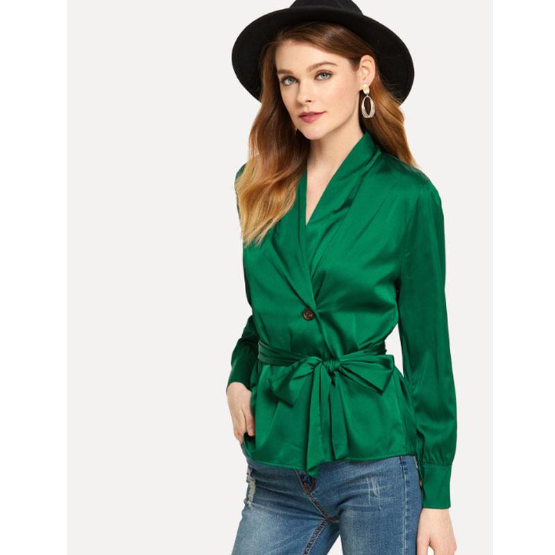 Top sexy a maniche lunghe con scollo a V, tinta unita, allacciatura e cintura, camicetta slim da donna, camicetta casual autunnale da ufficio, abbigliamento da lavoro femminile