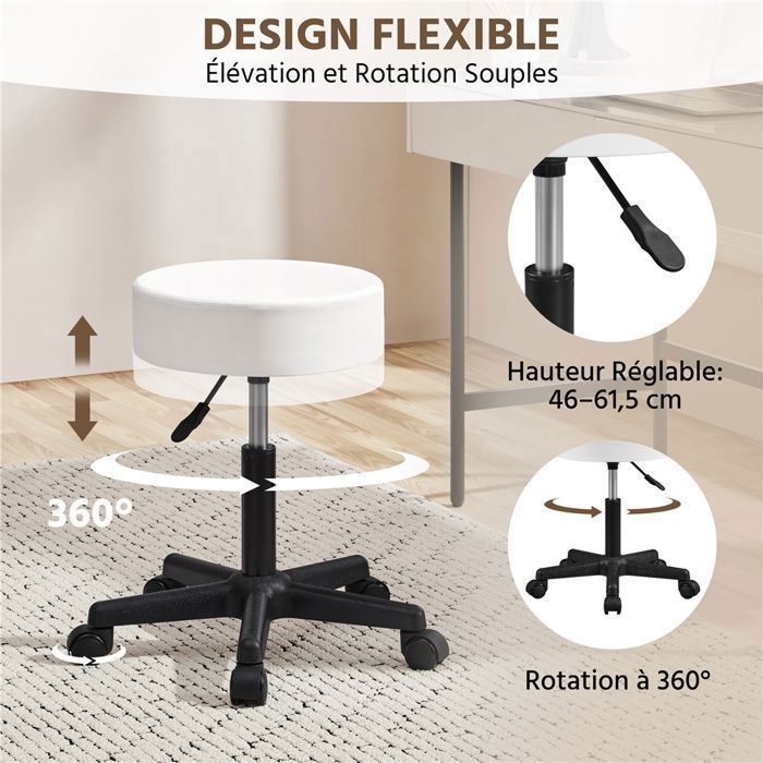 Yaheetech Tabouret Rond à Roulettes Hauteur Réglable 46-61,5 cm avec Assise Rembourrée Revêtement en Similicuir Blanc