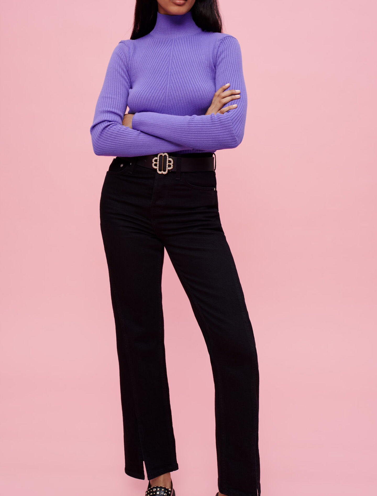 Jeans met hoge taille en splitten aan de voorkant - Zwart