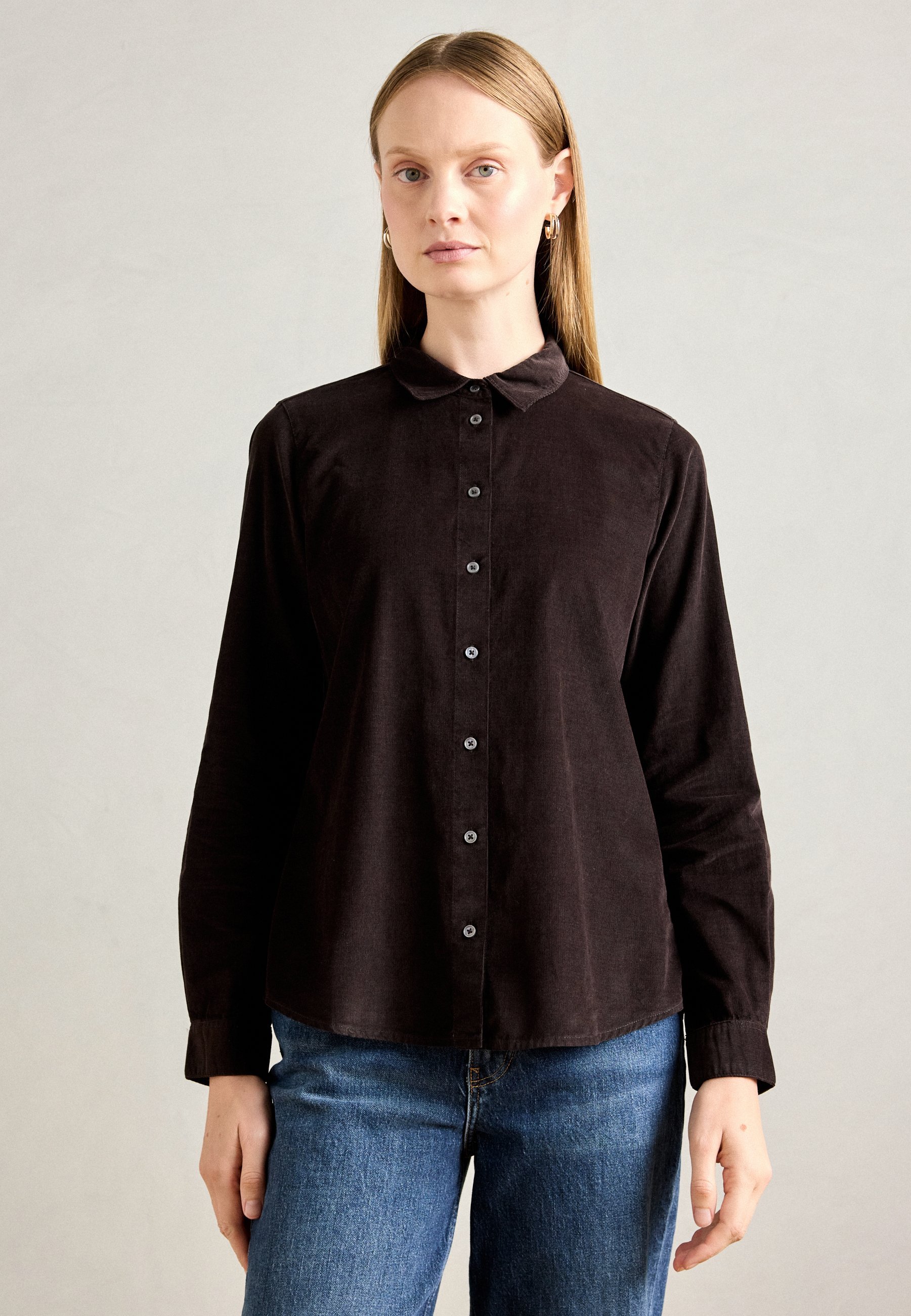 Marc O'Polo blouse met kraag en lange mouwen, effen kleur - Blouse met knoopsluiting - donkerbruin