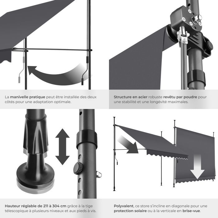 Store banne de jardin - TECTAKE - Store à pince sans perçage avec manivelle réglable en hauteur - Noir/Gris - 250 x 180 cm