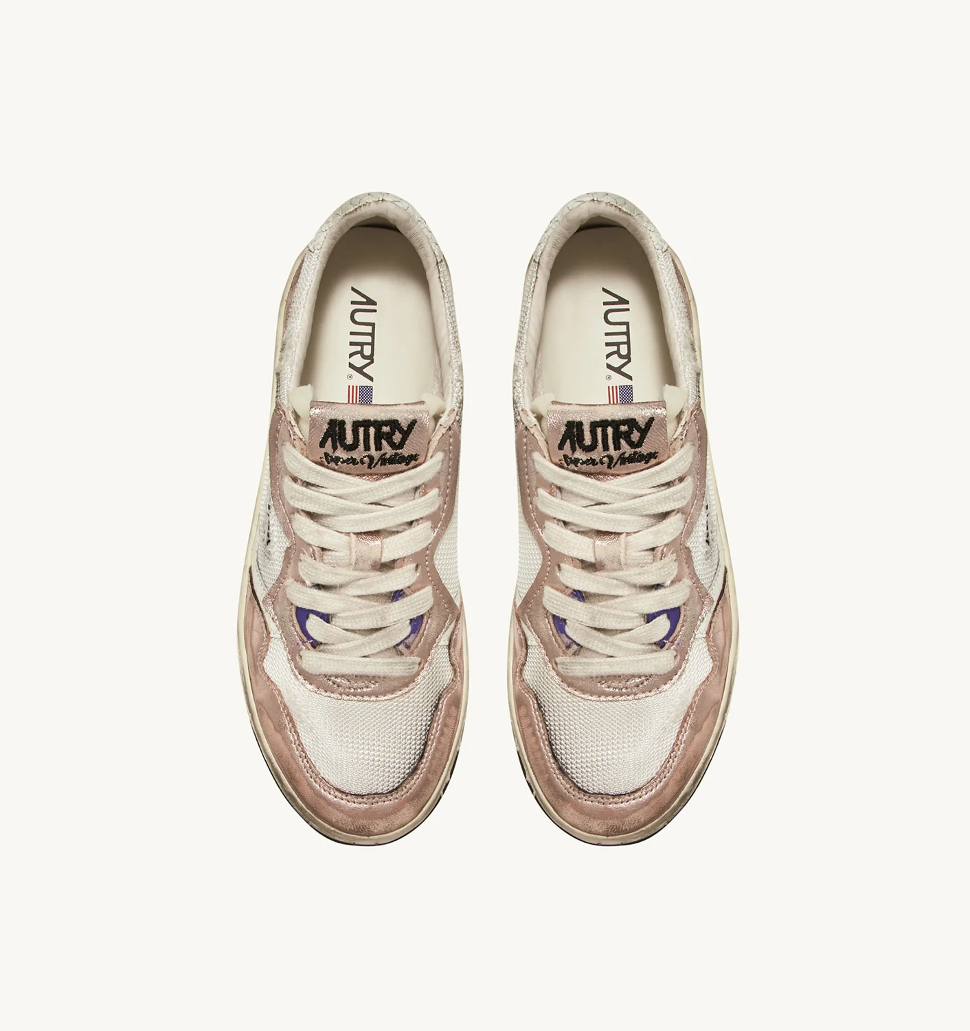 SNEAKERS MEDALJØR LAV SUPER VINTAGE I MESH E RUSSKIN FARVE BIANCO E ROSA