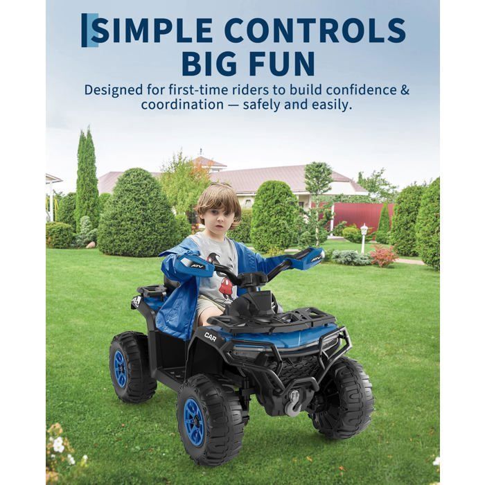 Quad de 12 V - 2 motores de 35 W, control remoto parental, luces LED, música, Bluetooth, USB, bandera luminosa, a partir de 3 años - Azul oscuro