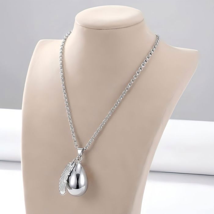 Collar - Mujer - Colgante - Bola de Embarazo - Lágrima - Ala de Ángel - Acero Inoxidable - Plata - 80 cm